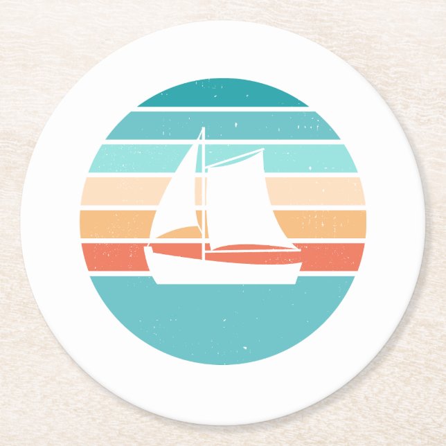 Retro Sunset Distressed Effect + Sailboat Round Paper Coaster (Front)