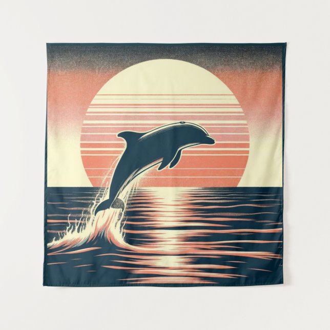 Retro Sunset Dolphin Leap Tapestry (Front)