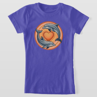 Retro Sunset Dolphins Heart Circle Graphic T-Shirt