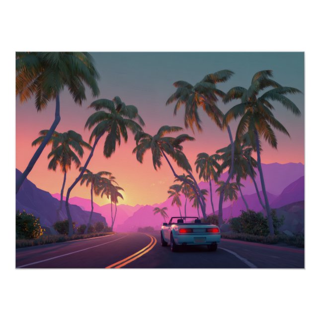 Retro Sunset Drive Palm Art Print (Front)