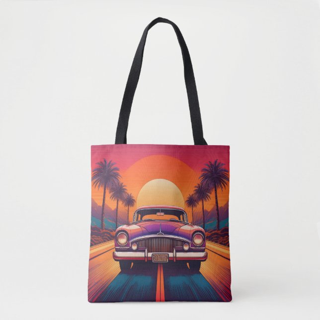 Retro Sunset Drive with Classic Car Tote Bag (Front)