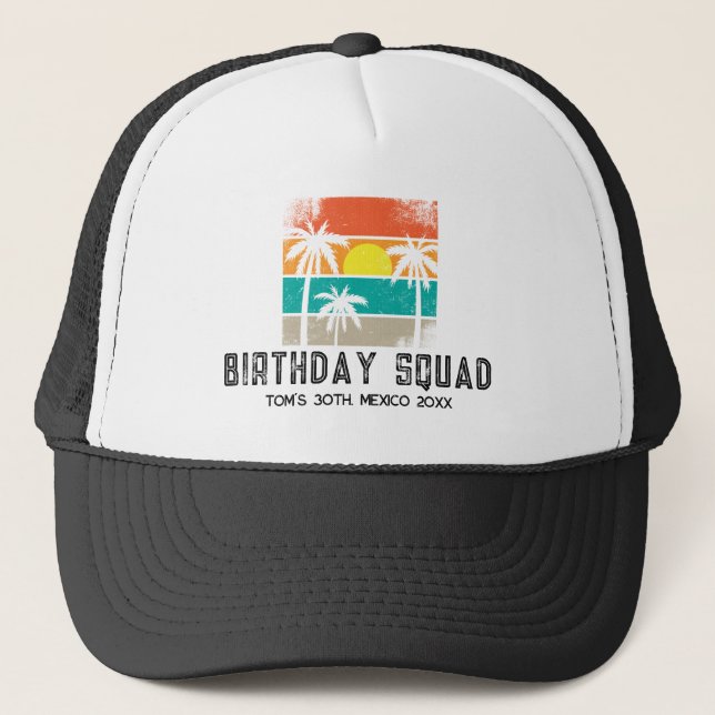 Retro Sunset Family Reunion Vacation Birthday Crew Trucker Hat (Front)