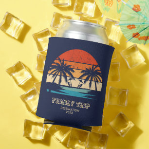 Retro sunset Family trip Beach Palm Tree Matching Can Cooler