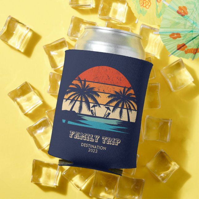 Retro sunset Family trip Beach Palm Tree Matching Can Cooler (In Situ Summer)