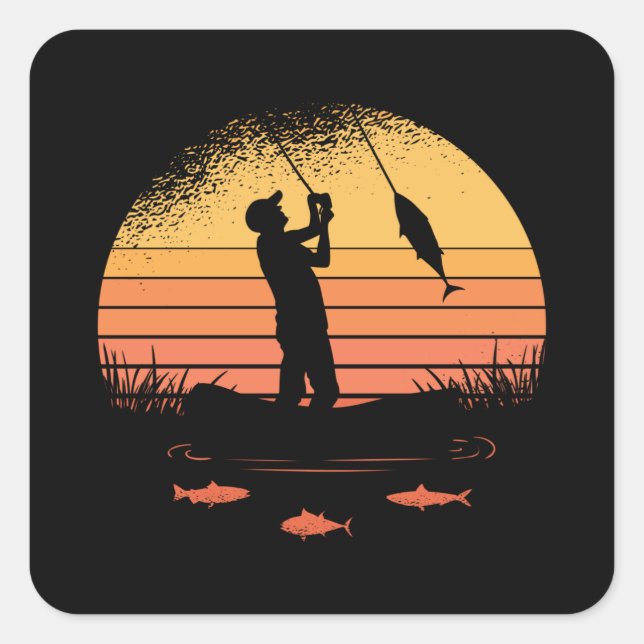 Retro Sunset Fisher Lake Fishing Gift Square Sticker (Front)