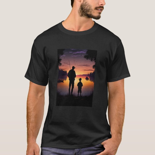 Retro Sunset Fishing On The Lake Father And Son Fi T-Shirt (Front)