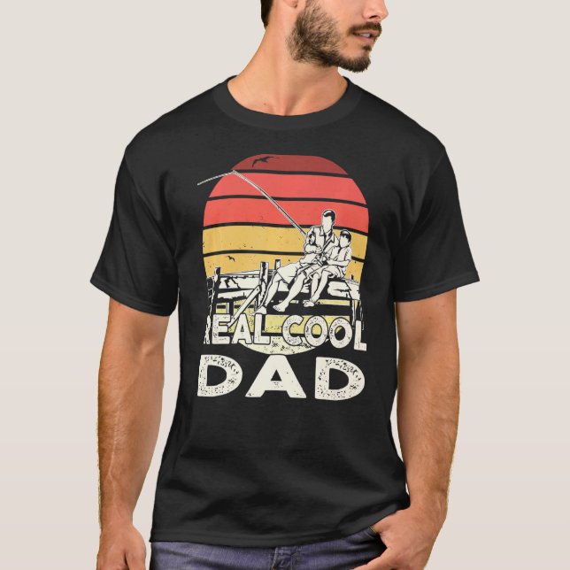 Retro Sunset Fishing Real Cool Dad T-Shirt (Front)