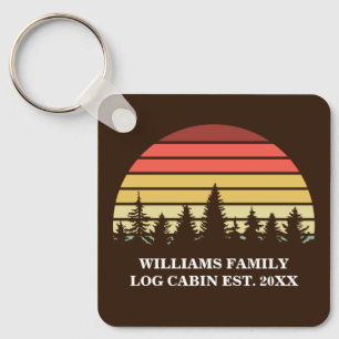 Retro Sunset Forest Custom Log Cabin Brown Key Ring