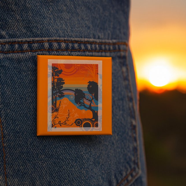 Retro Sunset Forest Landscape Abstract 15 Cm Square Badge (Creator Uploaded)