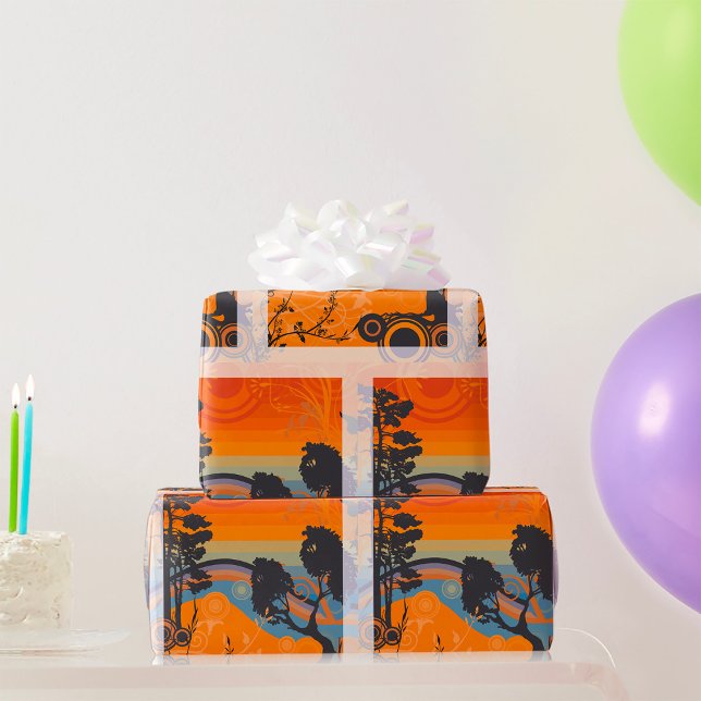 Retro Sunset Forest Landscape Abstract Wrapping Paper (Creator Uploaded)