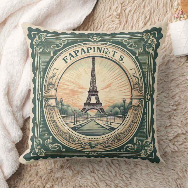 Retro Sunset French Eifel Tower Paris France Green Cushion (Blanket)
