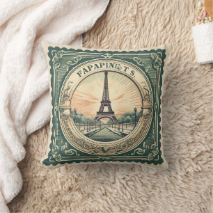 Retro Sunset French Eifel Tower Paris France Green Cushion