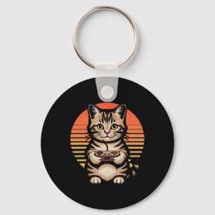 Retro Sunset Gamer Cat Gamepad Kitten Playing Vide Key Ring