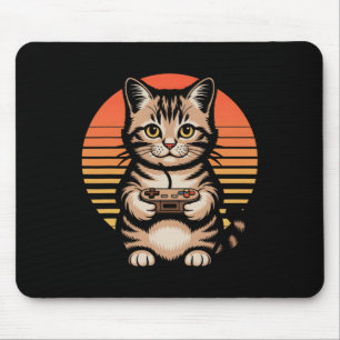 Retro Sunset Gamer Cat Gamepad Kitten Playing Vide Mouse Mat