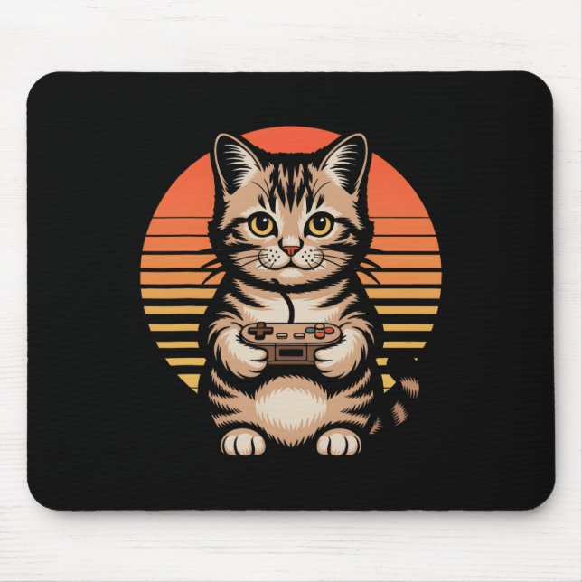 Retro Sunset Gamer Cat Gamepad Kitten Playing Vide Mouse Mat (Front)