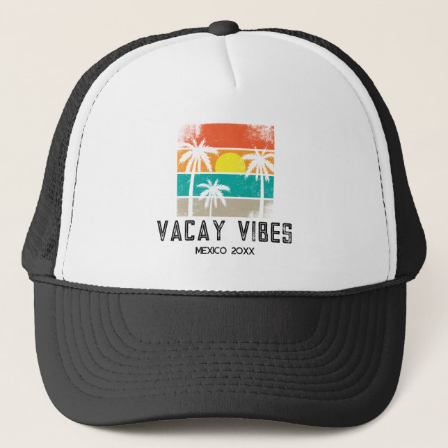 Retro Sunset Girl's Reunion Vacation Vacay Vibes Trucker Hat (Front)