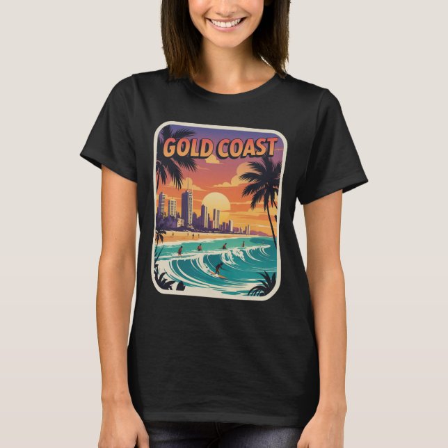 Retro Sunset Gold Coast Australia Surfer Beach T-Shirt (Front)