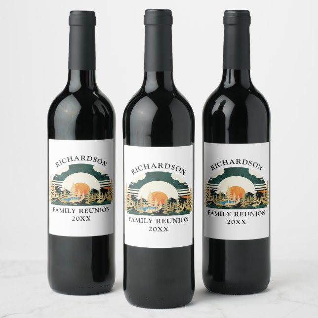 Retro Sunset Green White Custom Family Reunion Wine Label (Bottles)