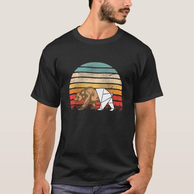 Retro Sunset Half Origami California Bear T-Shirt (Front)