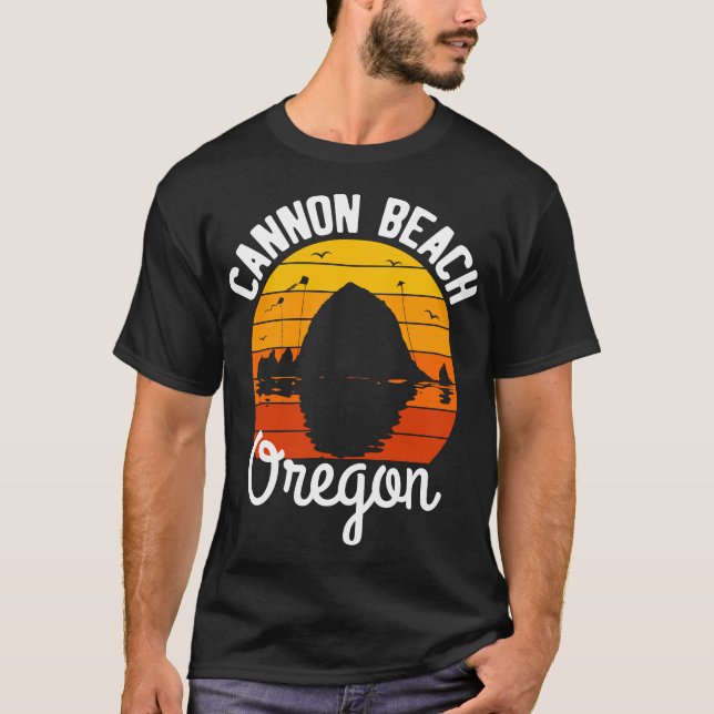 Retro Sunset Haystack Rock Souvenir Cannon Beach T-Shirt (Front)