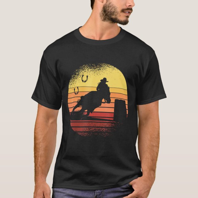 Retro Sunset Horse Barrel Racing Rodeo T-Shirt (Front)