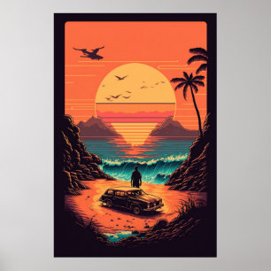 Retro sunset in beach  poster