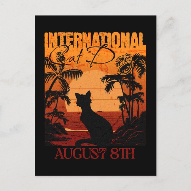 Retro Sunset International Cat Day Postcard (Front)