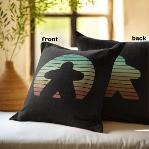 Retro Sunset Meeple Board Game Lover Pastel Black Cushion