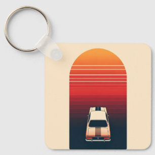 Retro Sunset Minimalist Vintage Car Road Trip Key Ring