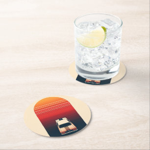Retro Sunset Minimalist Vintage Car Road Trip Round Paper Coaster
