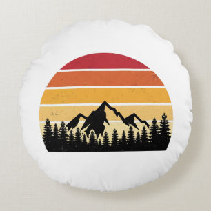 Retro Sunset Mountain Landscape Vintage Nature Round Cushion