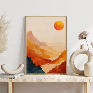 Retro Sunset Mountain Landscape Watercolor Poster