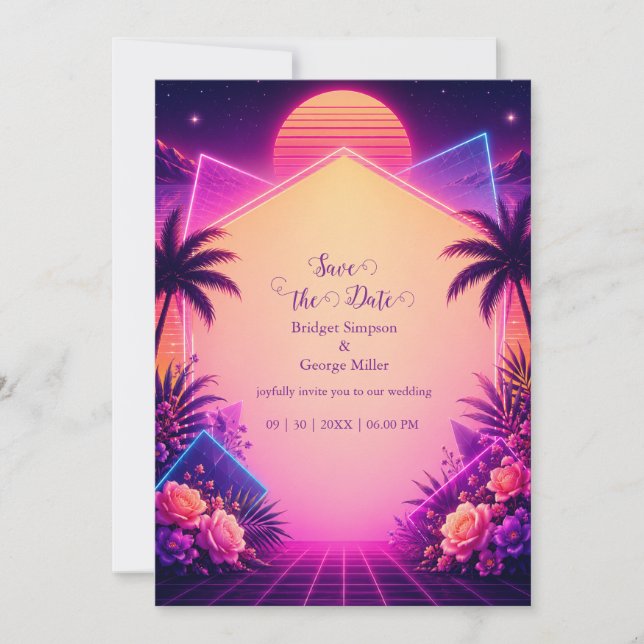 Retro Sunset Neon Wedding Dreamscape Invitation (Front)