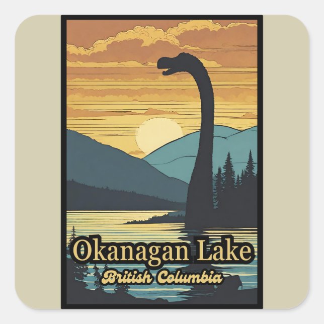 Retro sunset Ogopogo the Okanagan Lake Monster 70s Square Sticker (Front)