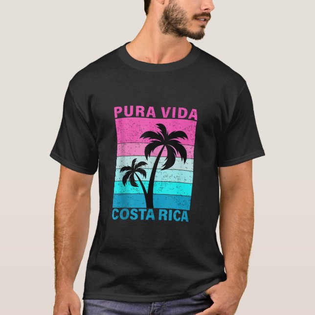 Retro Sunset Palm Tree Costa Rica Vacation Pura Vi T-Shirt (Front)
