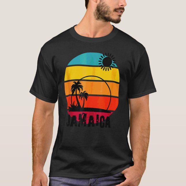 Retro Sunset Palm Trees Beach Cruise Summer Jamaic T-Shirt (Front)