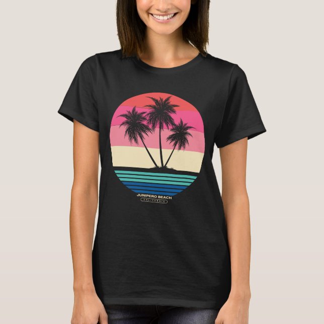 Retro Sunset Palm Trees Junipero Beach T-Shirt (Front)