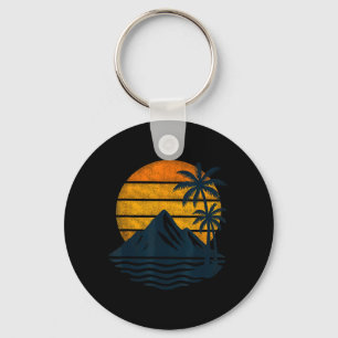 Retro Sunset Palm Trees Mountains Sea Beach Key Ring