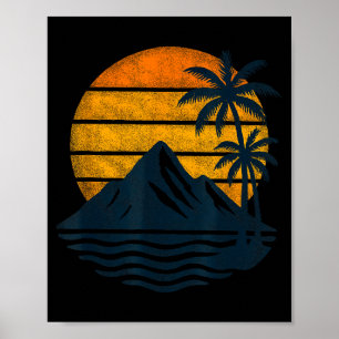 Retro Sunset Palm Trees Mountains Sea Beach Poster