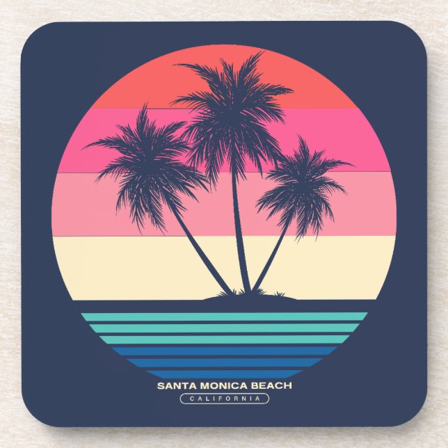 Retro Sunset Palm Trees Santa Monica Beach Coaster (Front)