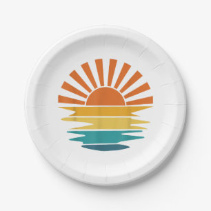 Retro Sunset Rays Wavy Vintage Retro Sunshine Sun Paper Plate