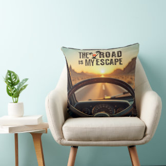 Retro Sunset Road Trip – The Road is My Escape Cushion