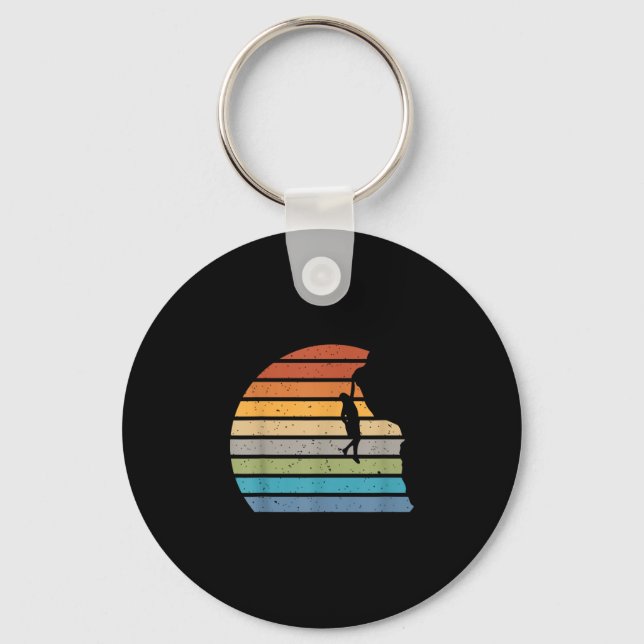 Retro sunset rock climbing backpacker mountain key ring (Front)