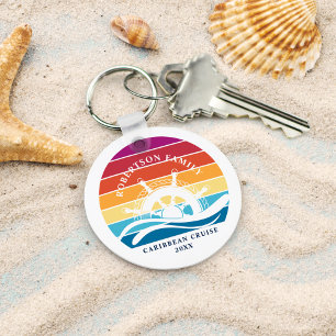 Retro Sunset Ship Wheel Family Cruise Vacation Key Ring