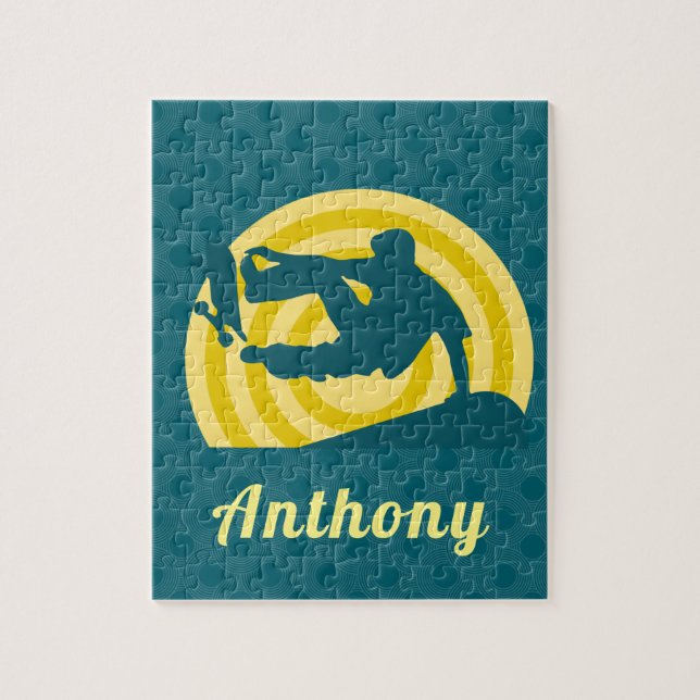 Retro Sunset Skateboarding Theme Custom Name Teal  Jigsaw Puzzle (Vertical)