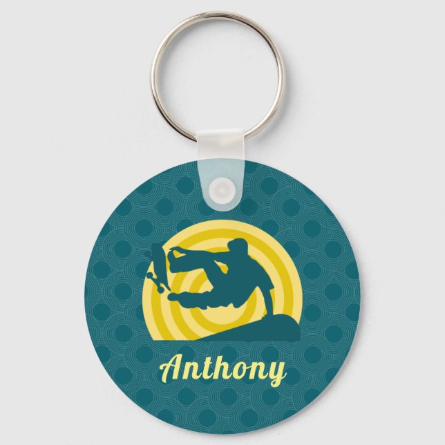 Retro Sunset Skateboarding Theme Custom Name Teal  Key Ring (Front)