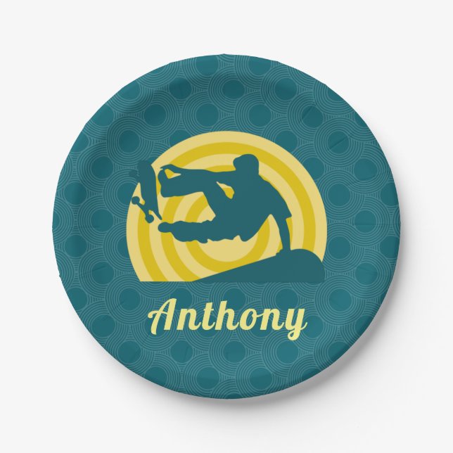Retro Sunset Skateboarding Theme Custom Name Teal  Paper Plate (Front)
