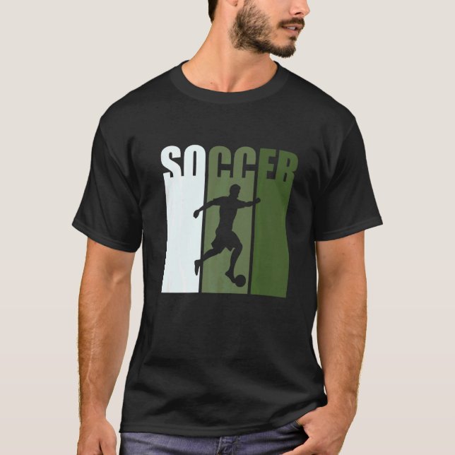 Retro Sunset Soccer Player Green Silhouette T-Shirt (Front)