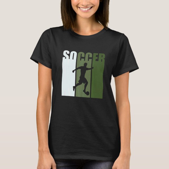 Retro Sunset Soccer Player Green Silhouette T-Shirt (Front)