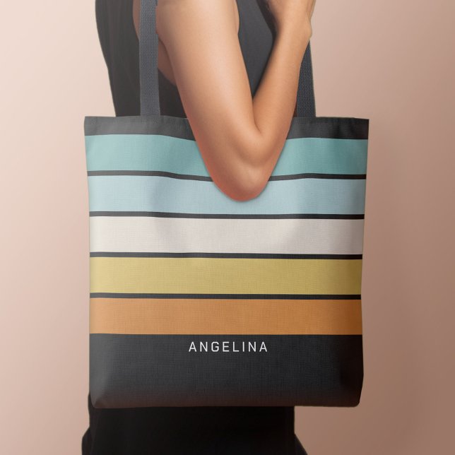 Retro Sunset Stripes with Simple Sans Serif Name Tote Bag (Personalized tote bag with retro stripes and text)